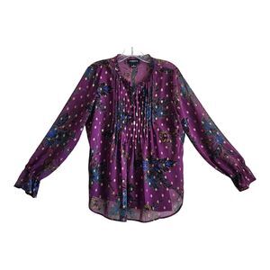 LIZ CLAIBORNE Career M Blouse Purple Gold Pintuck Pleats Semi Sheer w/ Camisole